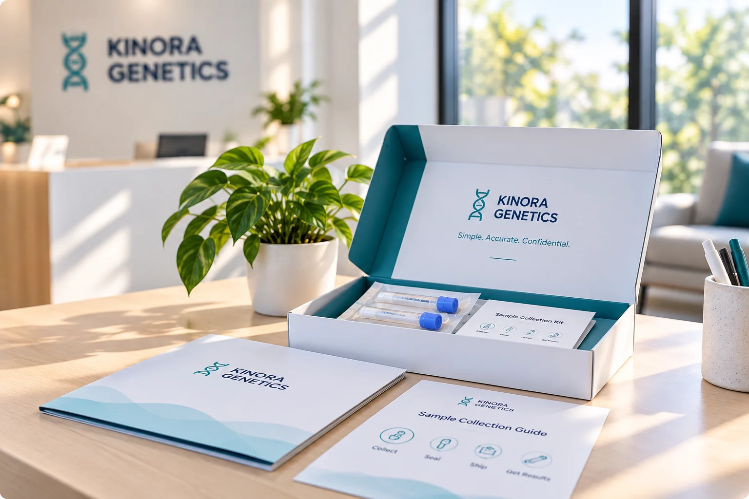 Open KINORA GENETICS DNA sample collection kit with collection tubes, a branded folder and a Sample Collection Guide on a light wooden desk in a bright collection centre
