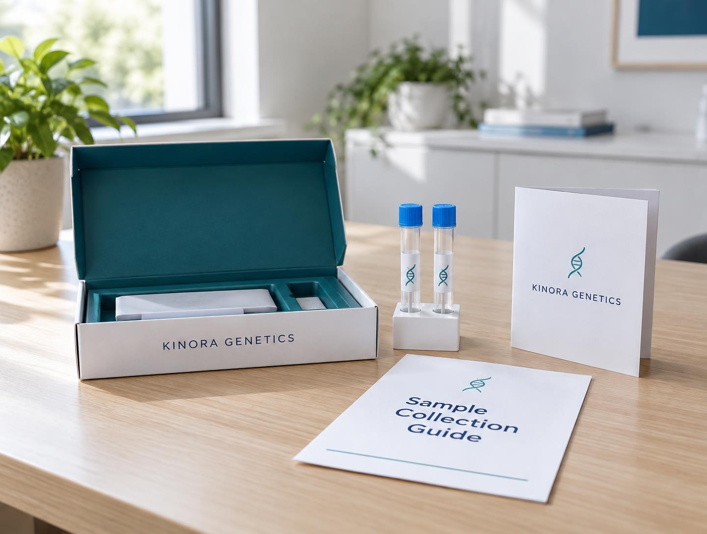 Open KINORA GENETICS DNA sample collection kit with collection tubes, a branded booklet and a Sample Collection Guide on a light wooden desk
