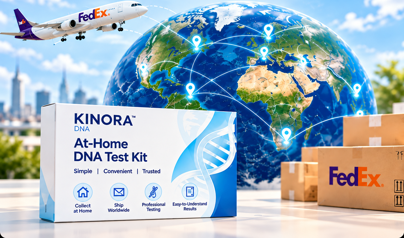 KINORA DNA At-Home DNA Test Kit beside shipped parcels in front of a globe with glowing delivery routes, illustrating DNA testing available to customers worldwide