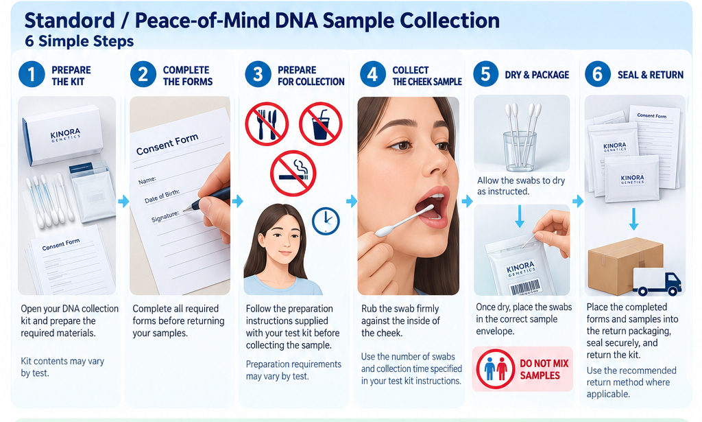 Six simple steps for standard peace-of-mind DNA sample collection: prepare the kit, complete the forms, prepare for collection, collect the cheek sample, dry and package, seal and return.