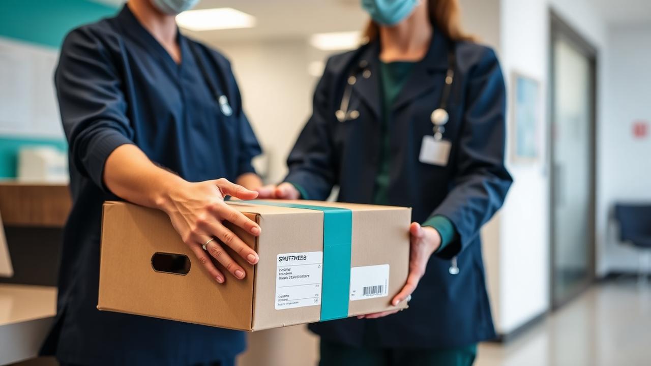 Sealed specimen shipping box handed over at a clinic front desk