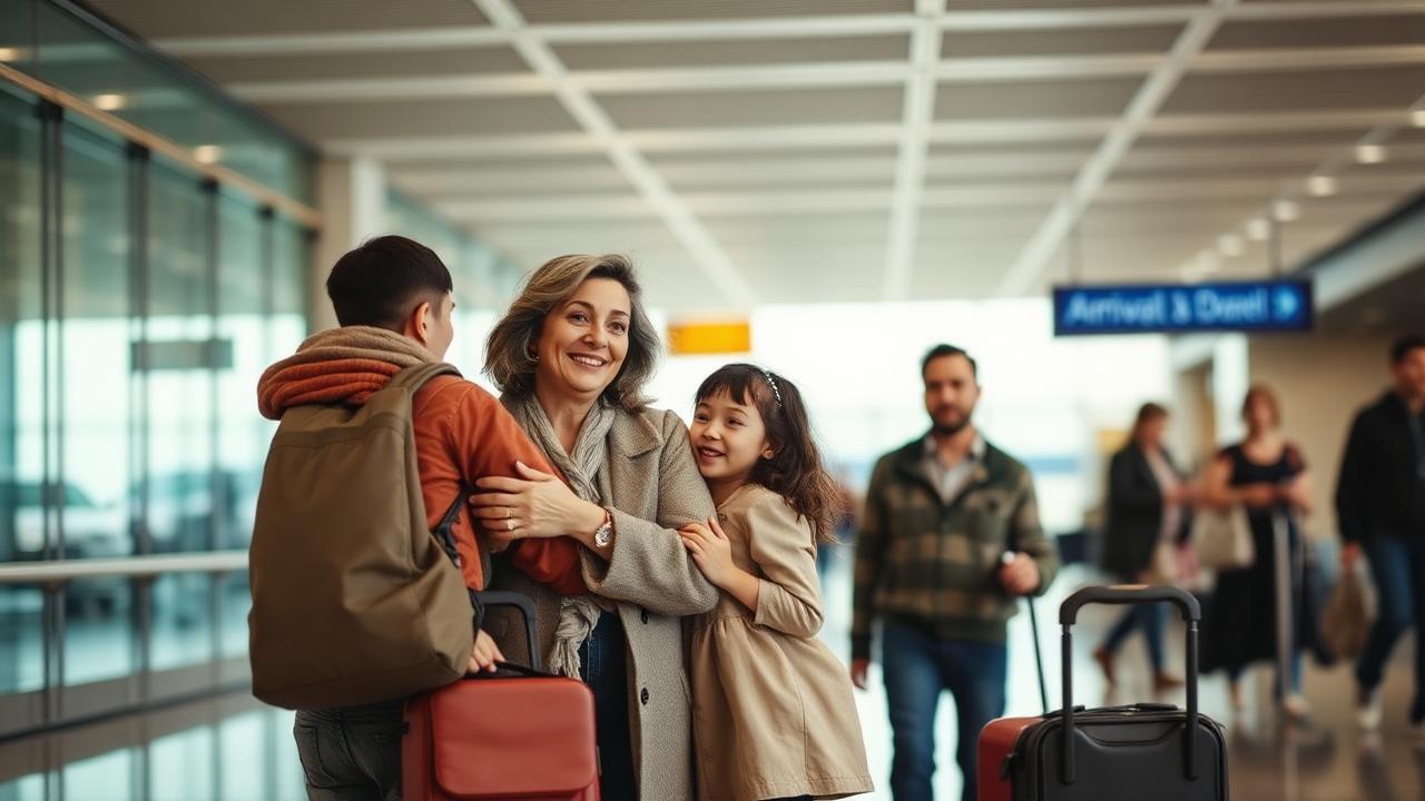Family reunited at an airport arrivals hall