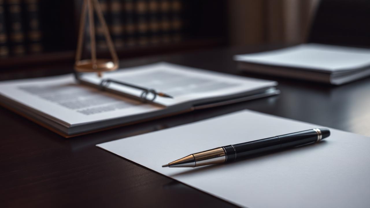 Official documents and a pen on a lawyer's desk