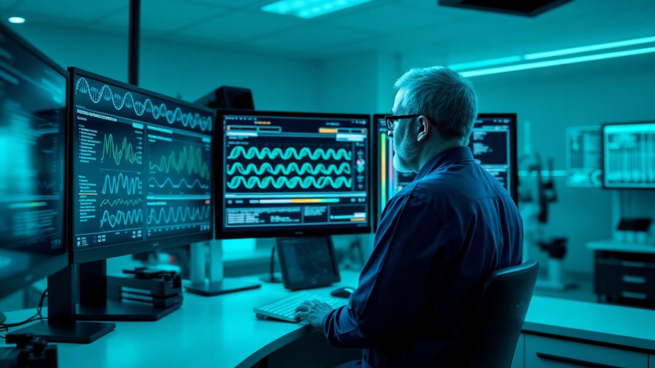 Scientist reviewing DNA sequencing data on laboratory monitors