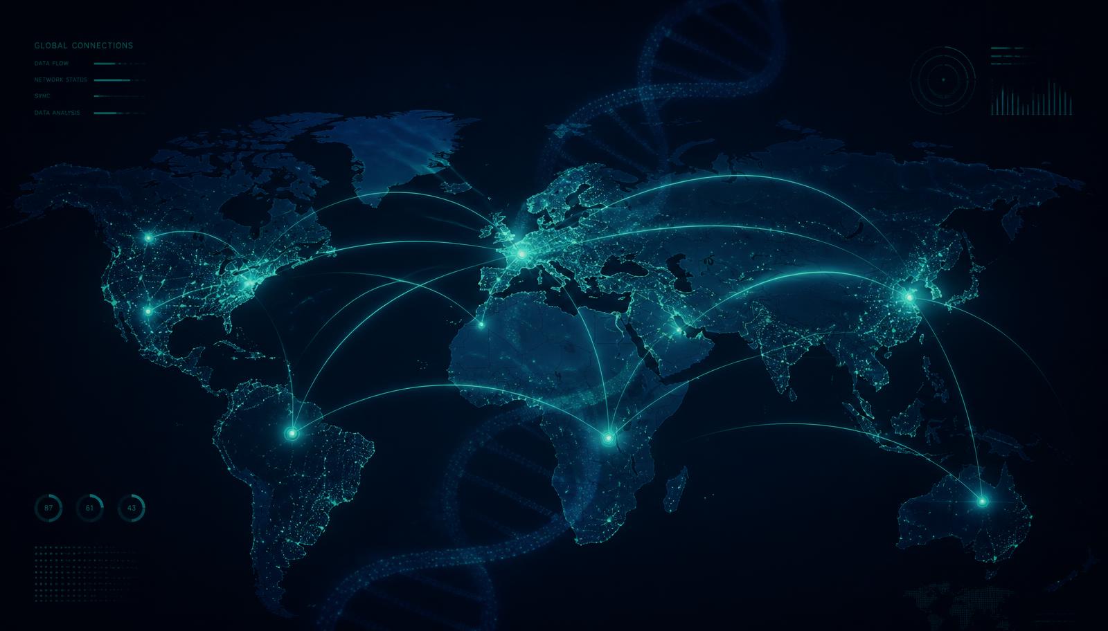 World map with glowing connection arcs and a DNA motif
