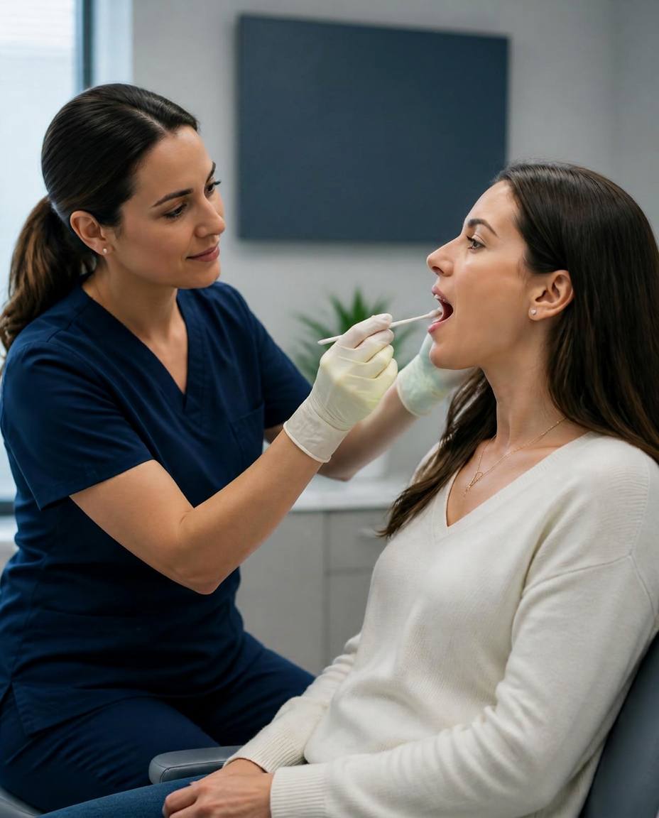 Clinical professional taking a cheek swab sample from a calm patient in a private clinic room