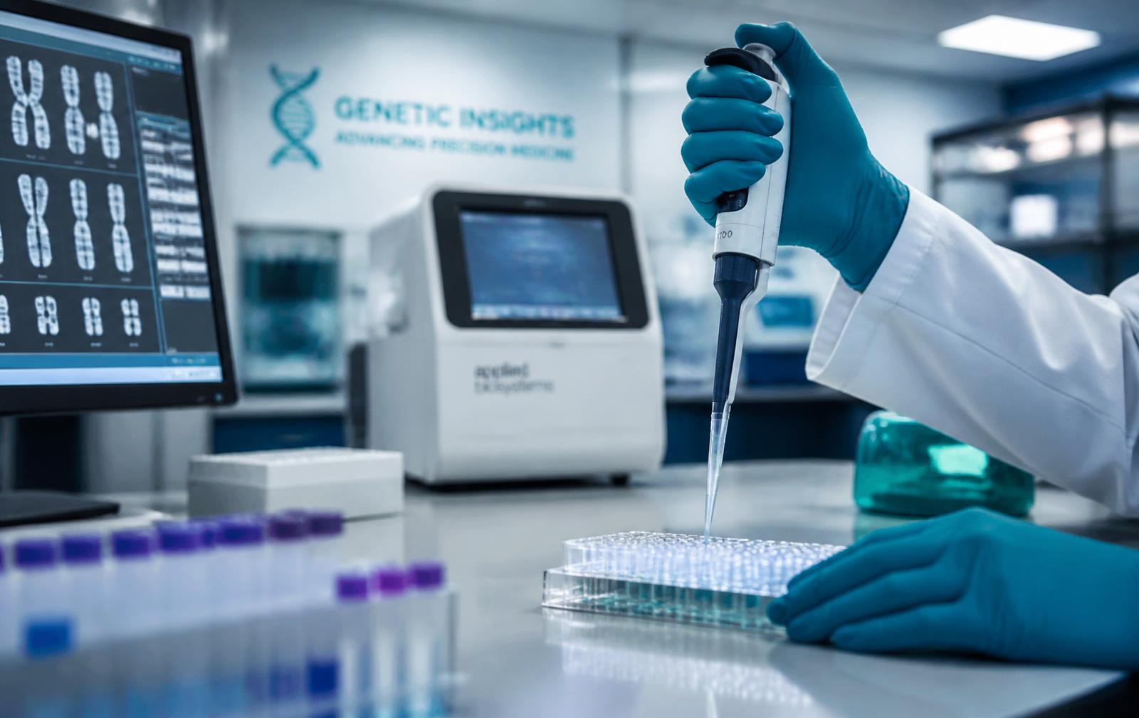Accredited laboratory partner environment with a micropipette and genetic analysis equipment