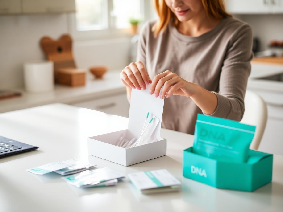 Person opening a home DNA collection kit at a kitchen table