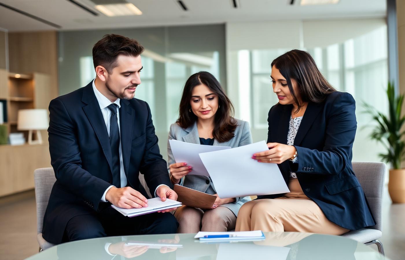Legal and immigration professionals reviewing documents with a client