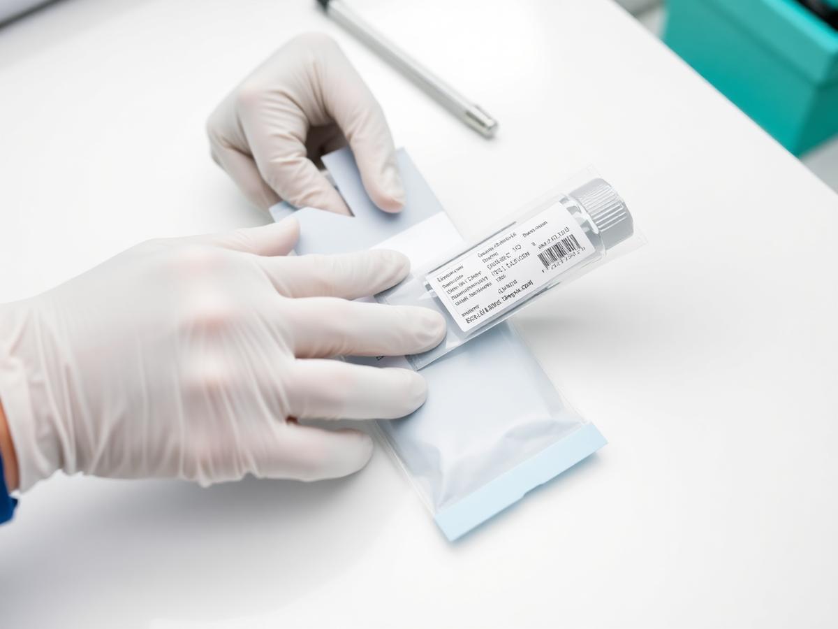 Gloved hands sealing and labelling a specimen bag