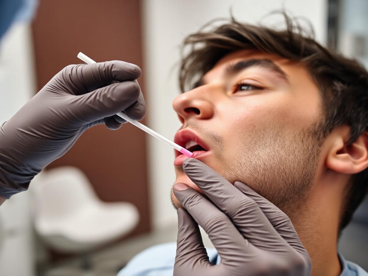 Gloved clinician performing a cheek swab collection
