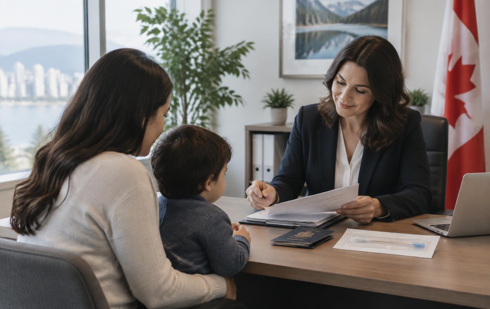 Parent and child reviewing family relationship documents for an immigration DNA test