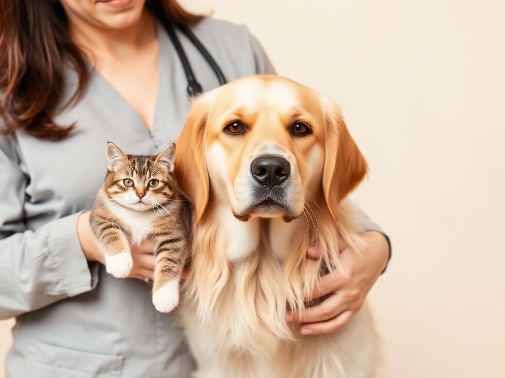 Dog and cat held by their owner